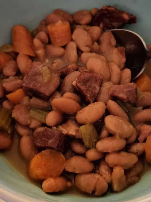 Homemade canned ham and bean soup in a bowl