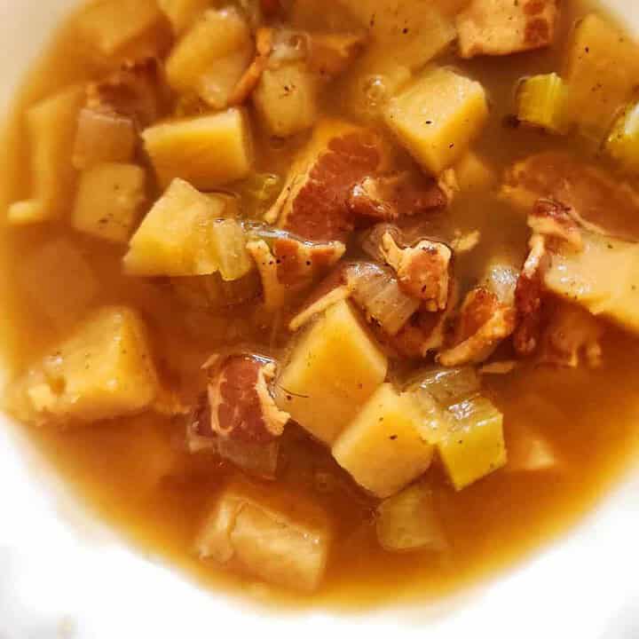 Canned loaded potato soup in a bowl