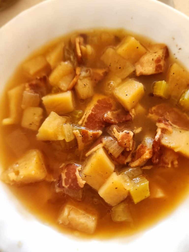 Canned loaded potato soup in a bowl