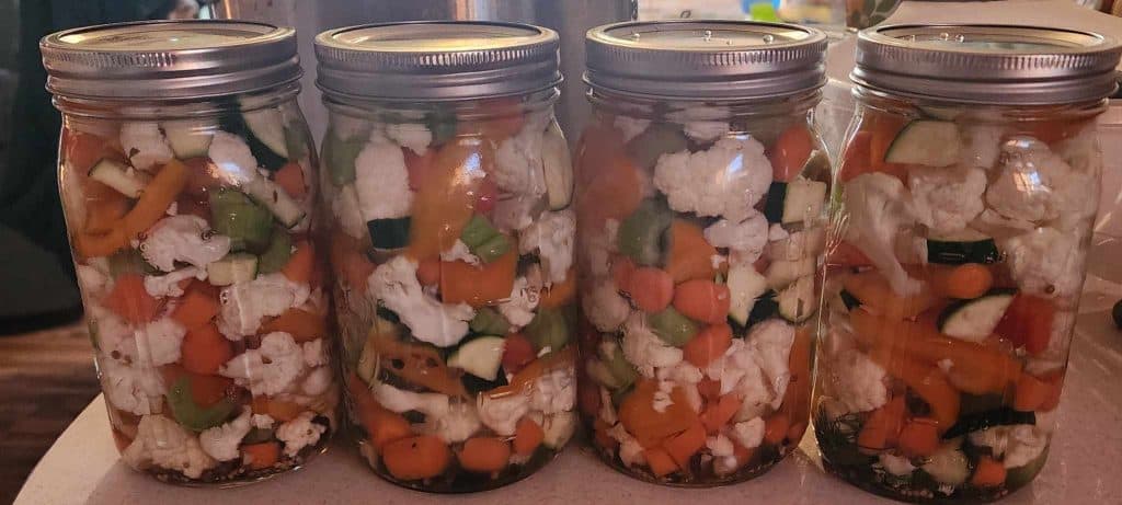 Jars of mixed vegetables with hot brine before canning for canned pickled giardiniera