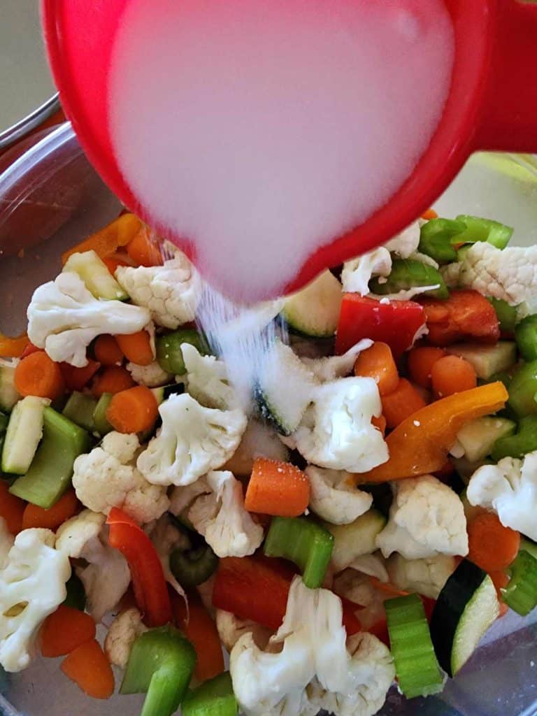 Adding salt to mixed vegetables for canning giardiniera recipe for soaking