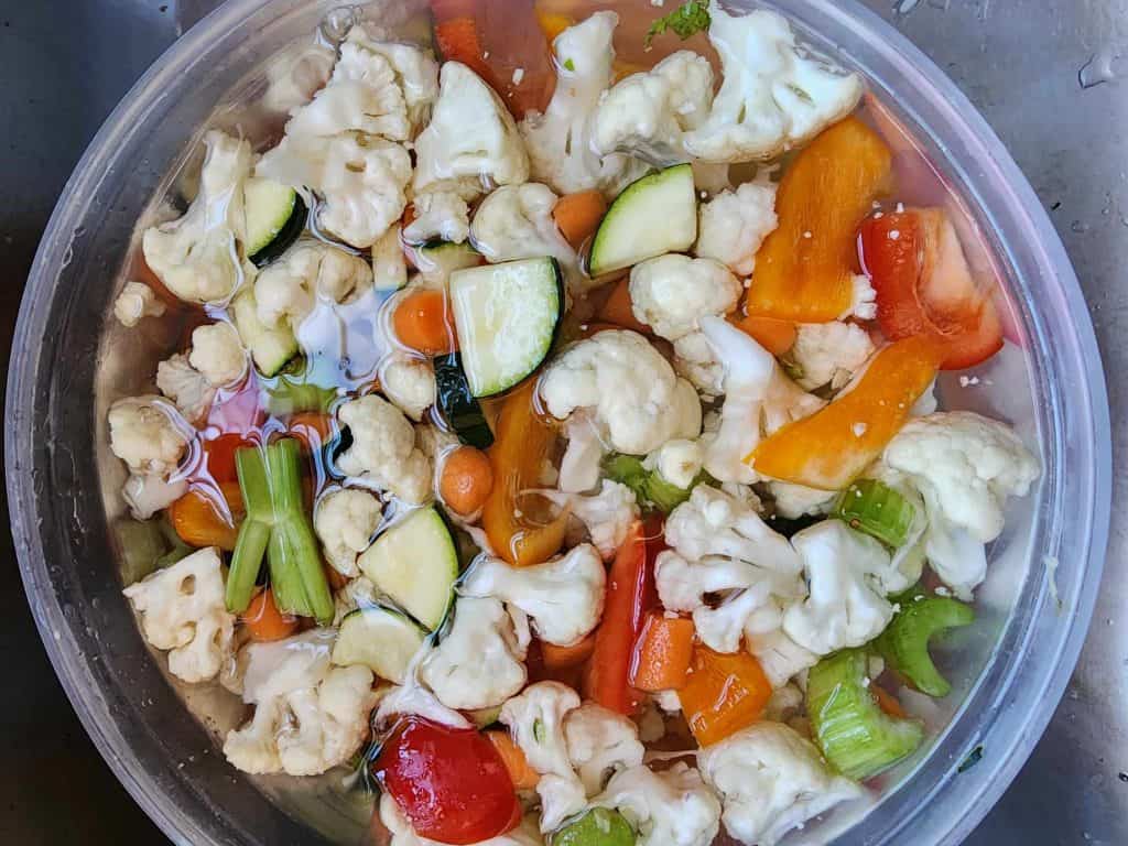 Soaking vegetables in salt water for pickled canned giardiniera