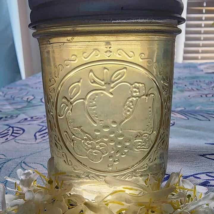 Jar of honeysuckle tea with flowers