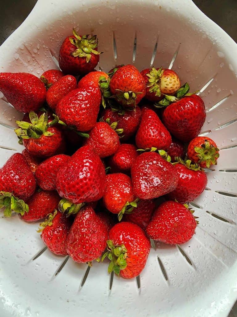 rinsing strawberries for strawberry jalapeno bourbon bbq sauce