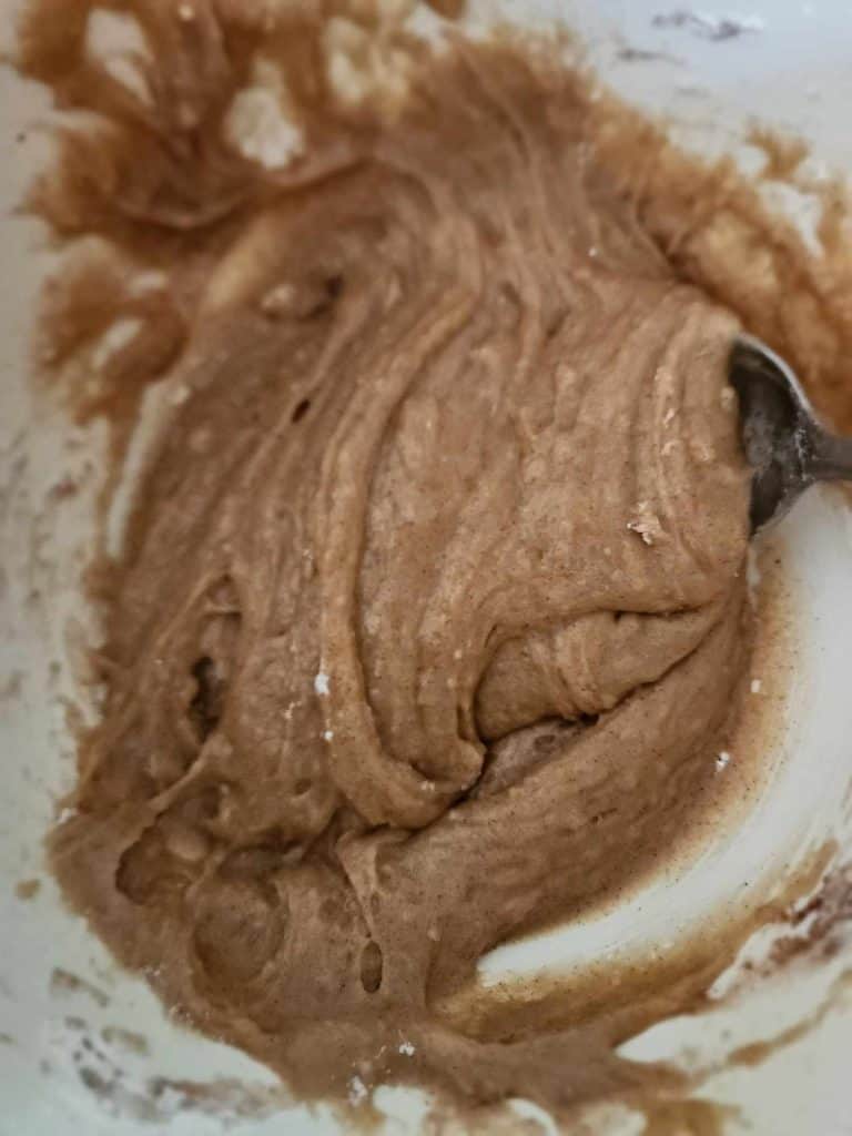 Mixing the wet and dry ingredients together for making apple bread