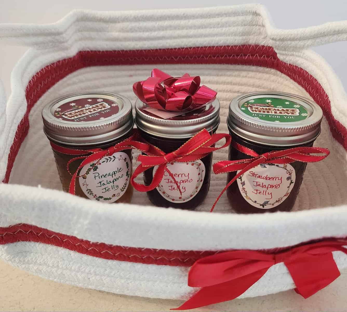 Jalapeno jellies in a Christmas Basket