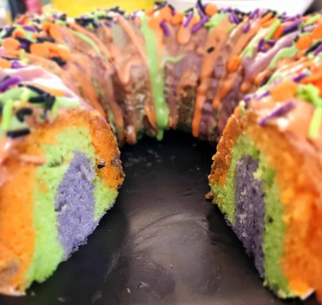 Inside of colorful Halloween Bundt cake