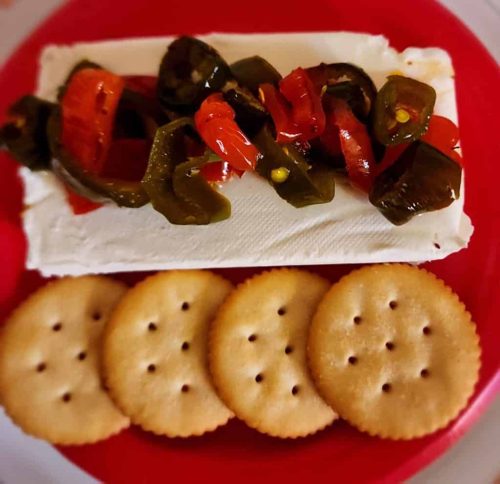 Christmas Cowboy Candy with cream cheese and crackers