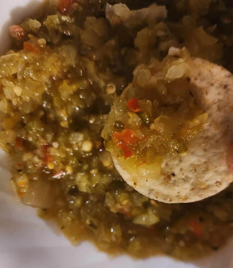 green tomato salsa on a chip