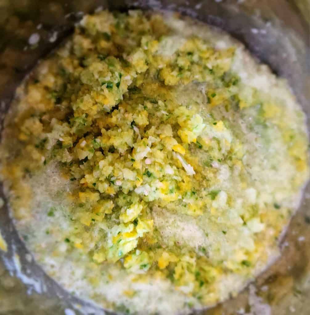 Ingredients added to pot for green tomato BBQ sauce