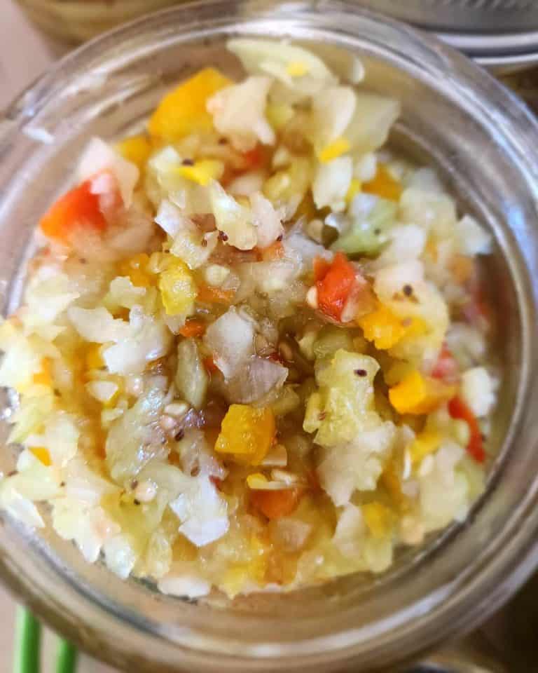 Top of jar of green tomato relish