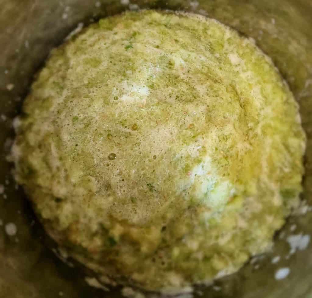 green tomatoes in pot for green tomato BBQ sauce
