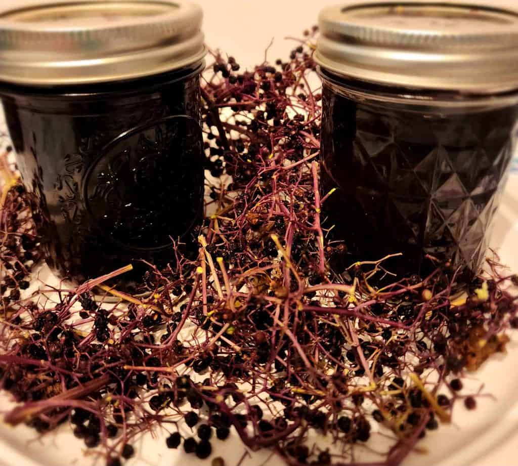 2 jars of elderberry syrup with dried berries