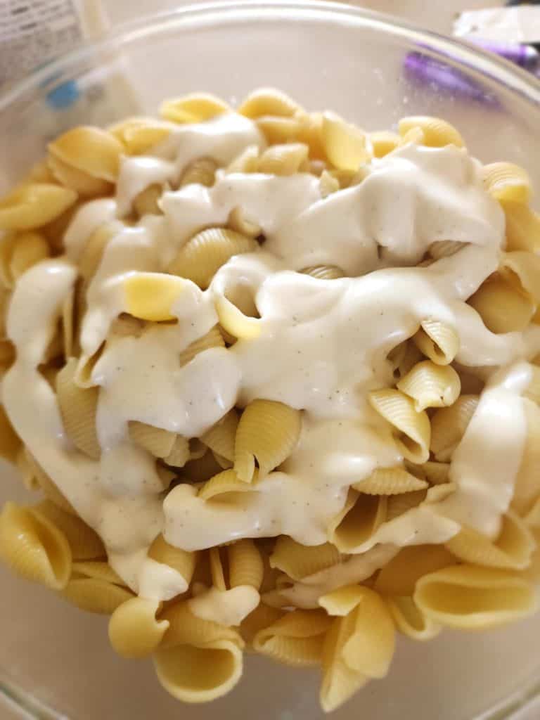 Ranch pasta salad, ranch dressing added after cooking