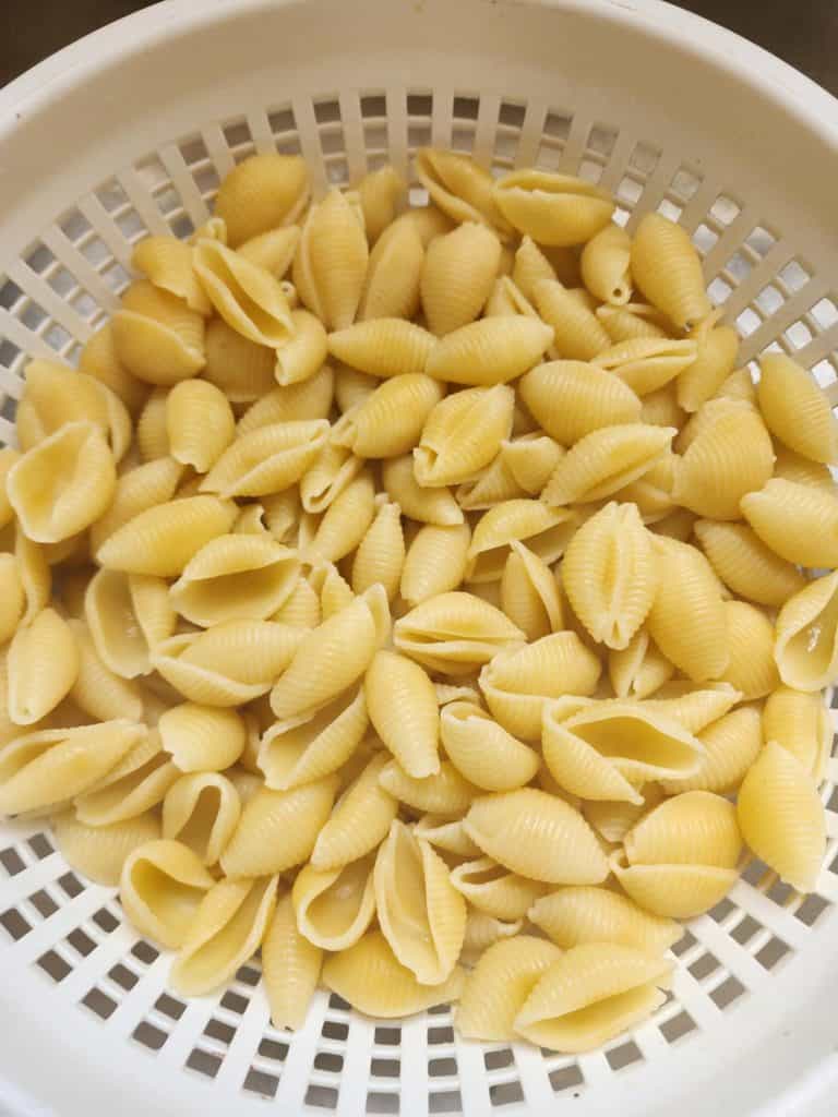 Shell pasta draining after cooking for simple ranch pasta salad recipe