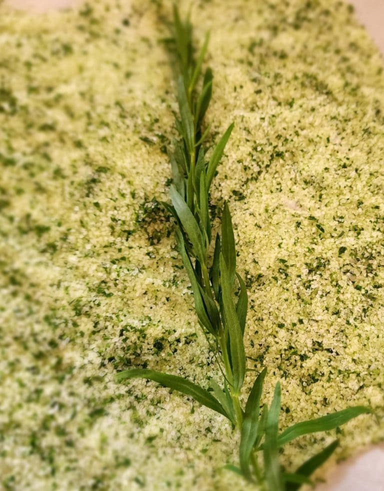 tarragon salt with stem of tarragon on top
