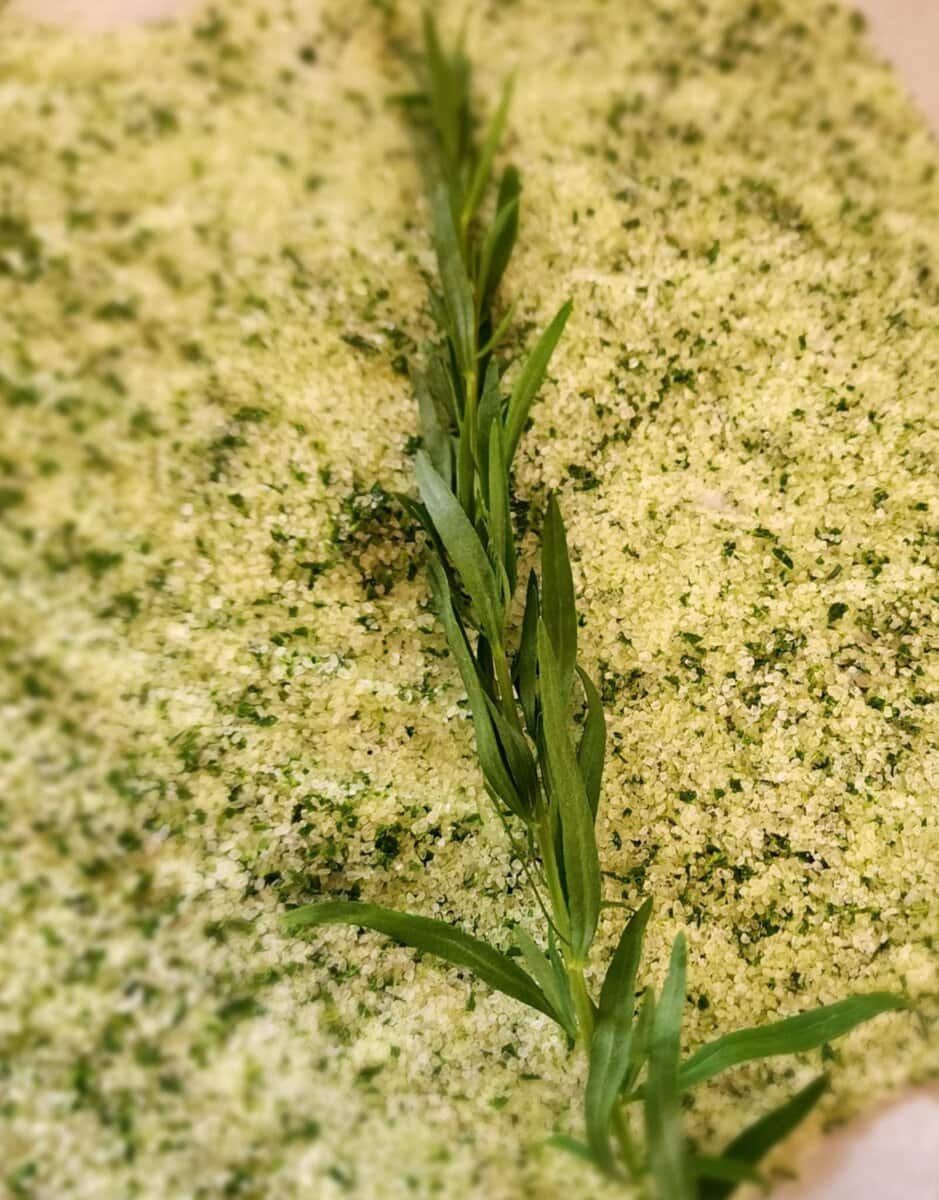 tarragon salt with stem of tarragon on top
