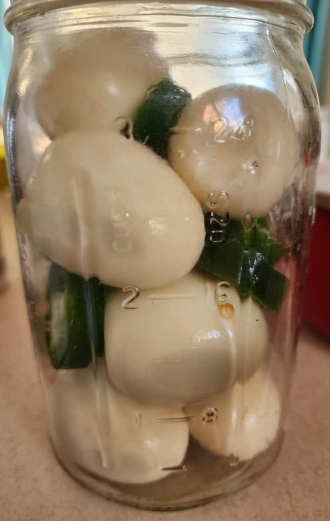 Layering the jalapeno slices and eggs in jar for Bloody Mary Pickled eggs