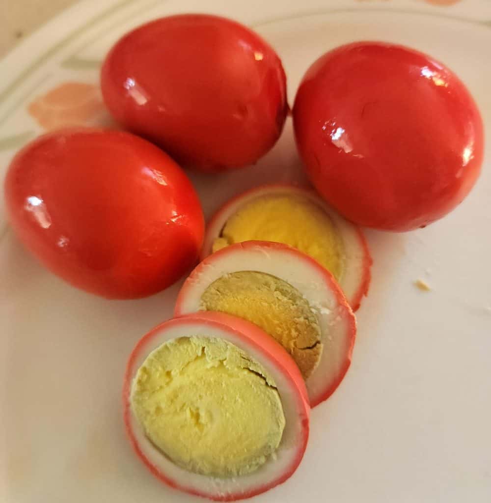 Bloody Mary Pickled eggs with sliced eggs
