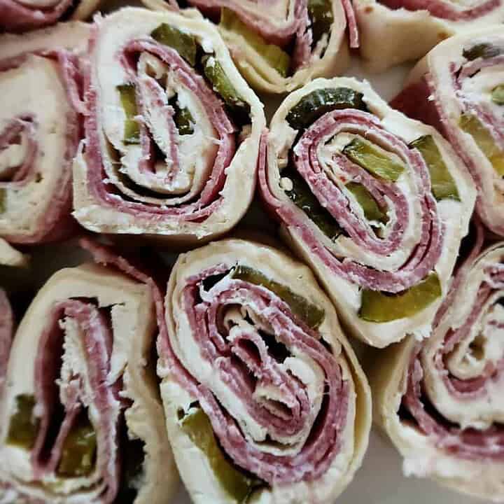 close up of salami pickle roll ups