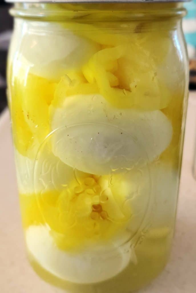 banana pepper pickled eggs in jar