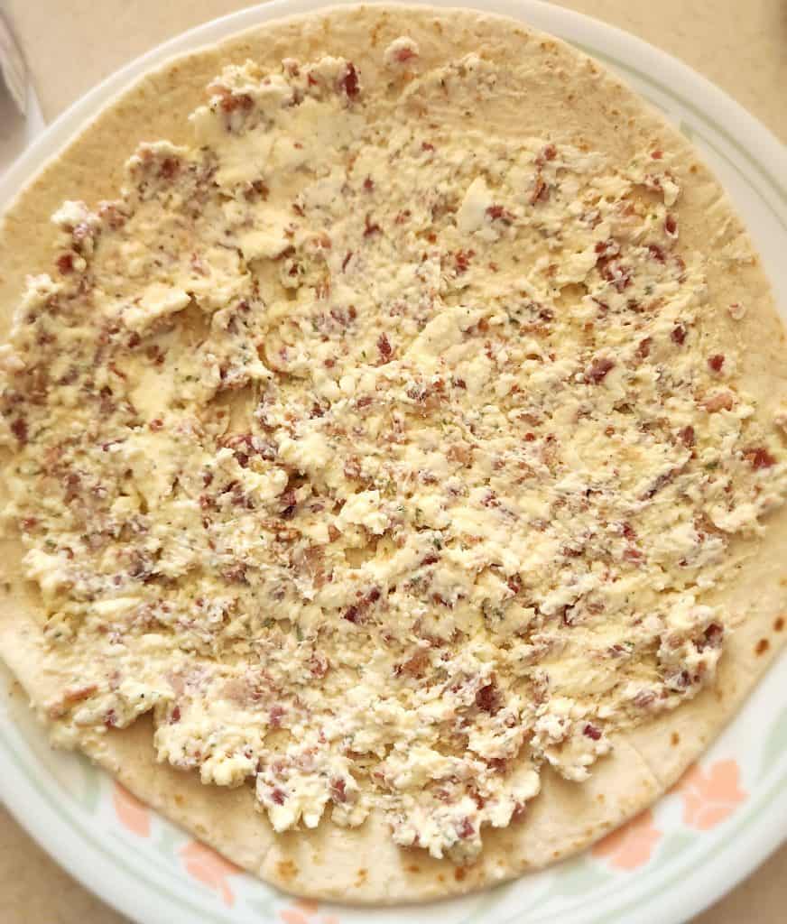 BLT rollup cream cheese mixture spread on tortilla