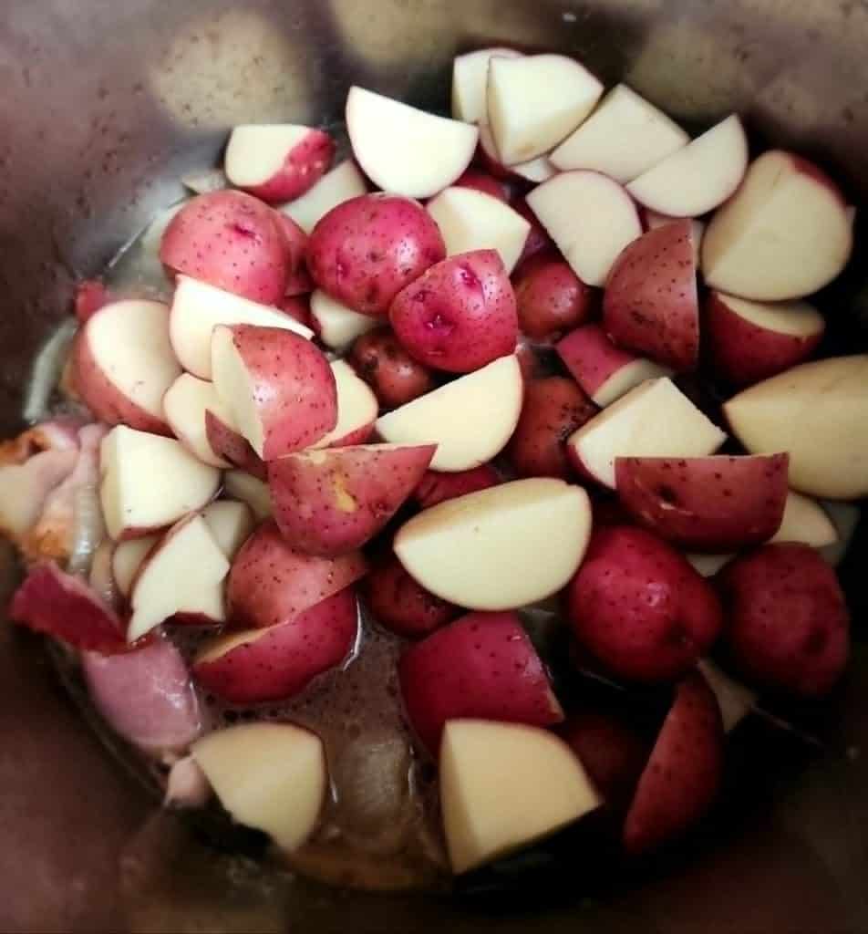 adding potatoes for instant pot green beans, bacon and potatoes