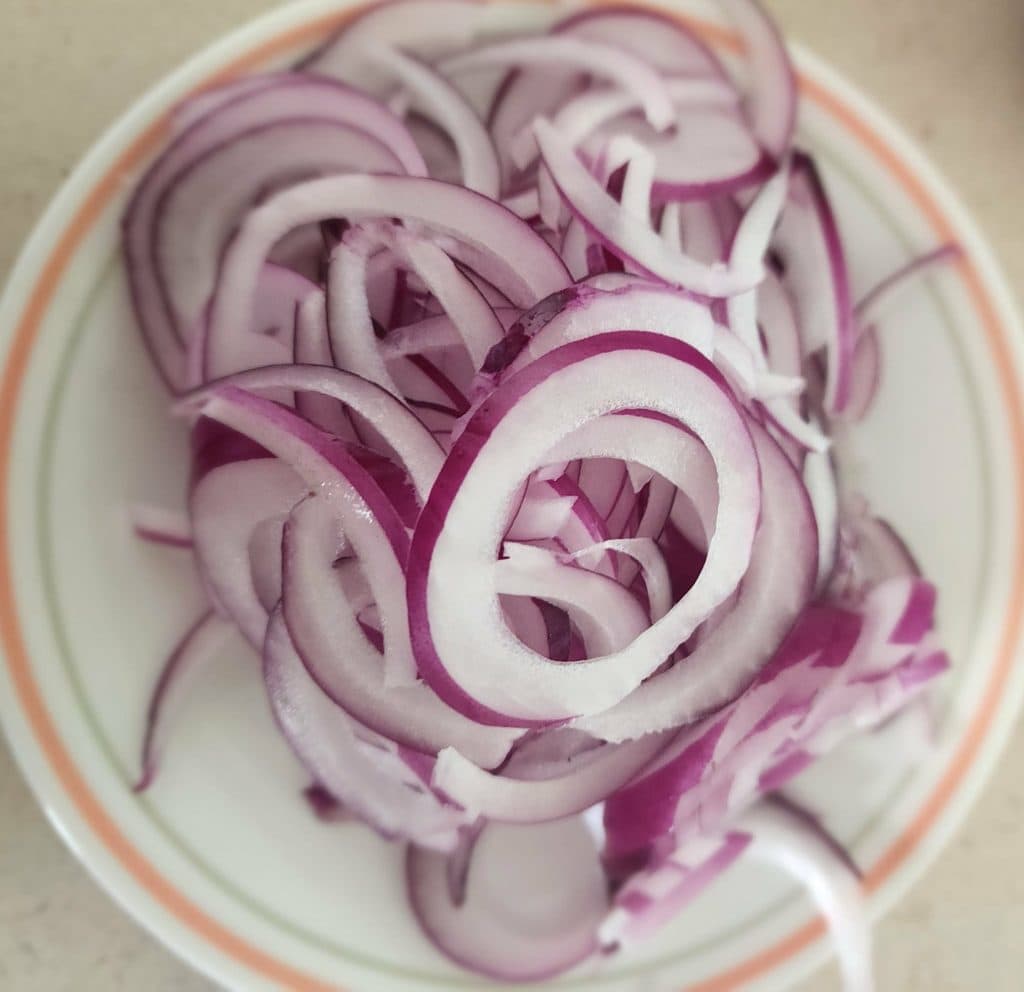 Sliced red onions for pickled red onions