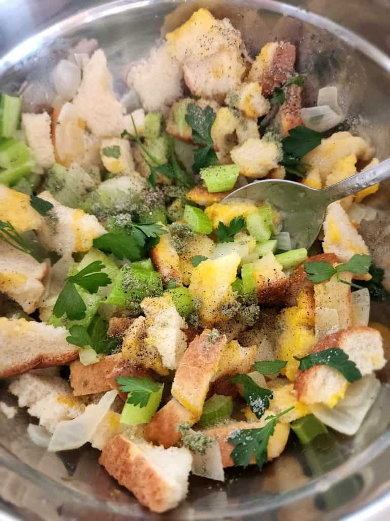 ingredients for instant pot stuffing mixed up before cooking