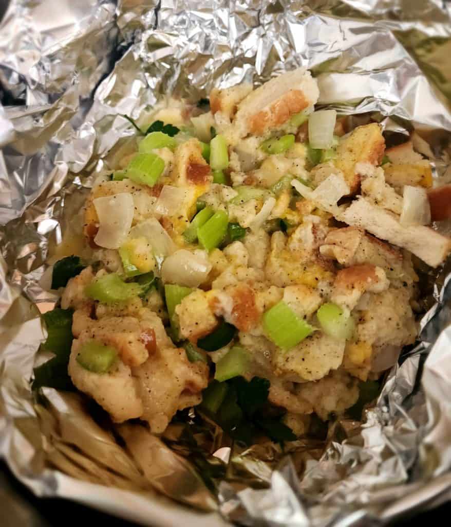 stuffing mix added to foil bowl in instant pot